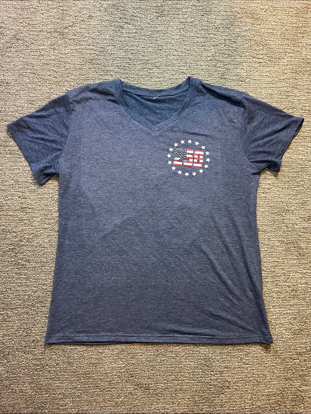 Amazon Women's Navy Short Sleeve V-Neck Tee with Red & White Graphic